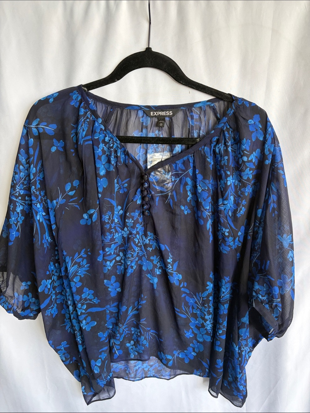 EXPRESS Black/Blue Floral Sheer Tunic, Oversized, XS, 36” PTP 23” L